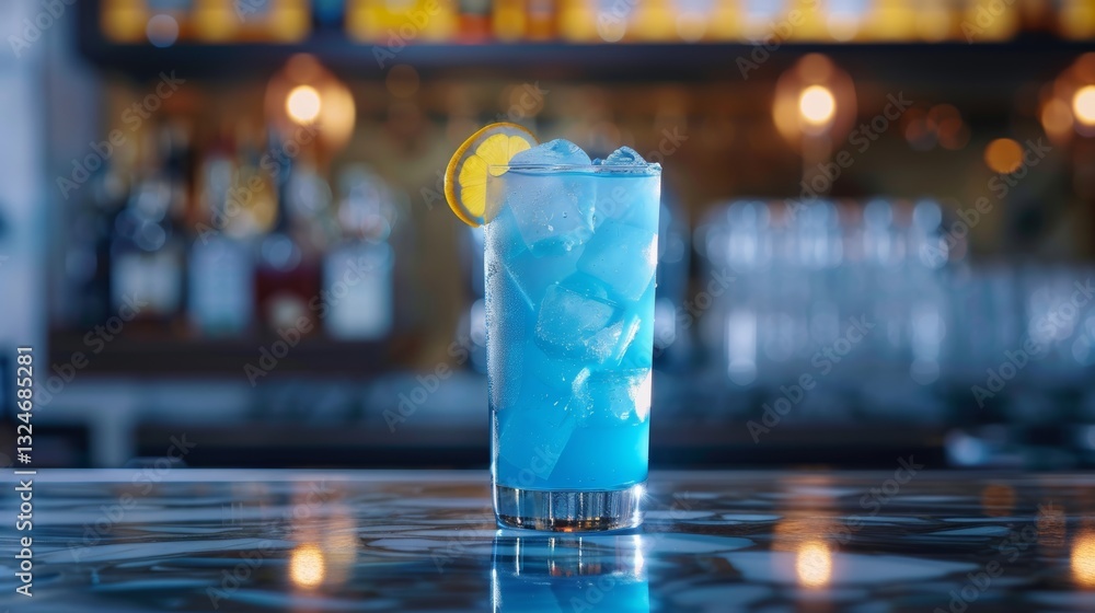 A Refreshing Bright Blue Cocktail in a Tall Clear Glass A Refreshing Bright Blue Cocktail in a Tall Clear Glass