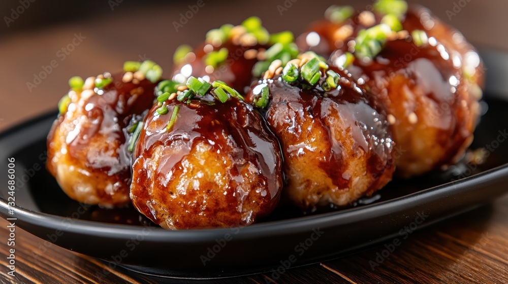 A beautiful arrangement of takoyaki balls on a sleek black plate, showcasing rich sauces and vibrant toppings, reflects the artistry of Japanese culinary traditions. A beautiful arrangement of takoyaki balls on a sleek black plate, showcasing rich sauces and vibrant toppings, reflects the artistry of Japanese culinary traditions.