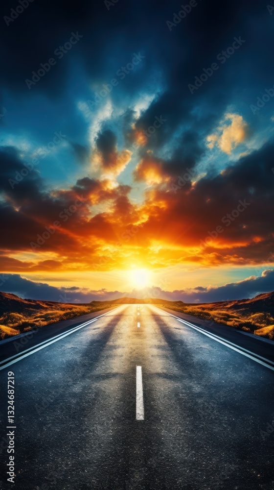 Naklejka premium A Serene Road Leading to a Vibrant Sunset
