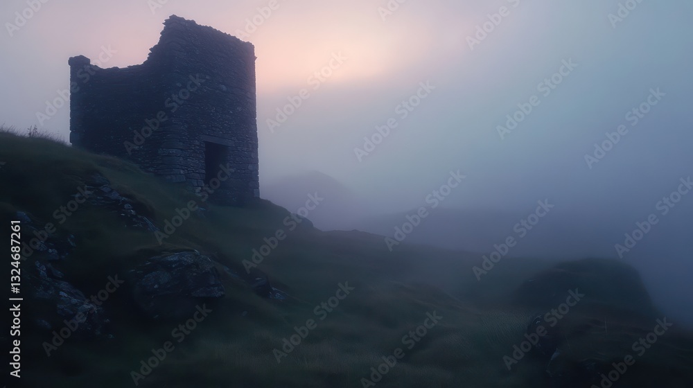 An old stone ruin sits on a grassy and foggy hillside An old stone ruin sits on a grassy and foggy hillside