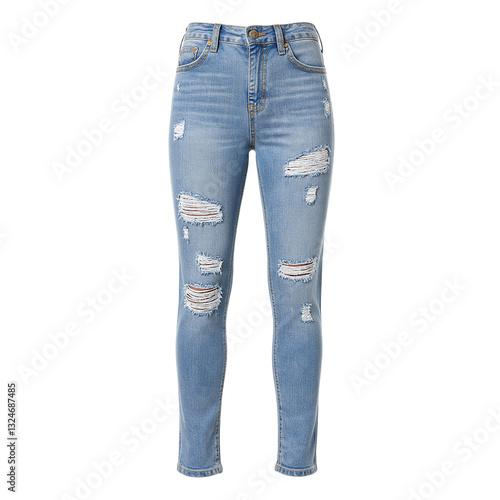 Trendy light wash skinny jeans with stylish distressed details including frayed knee holes perfect for a casual yet fashionable look