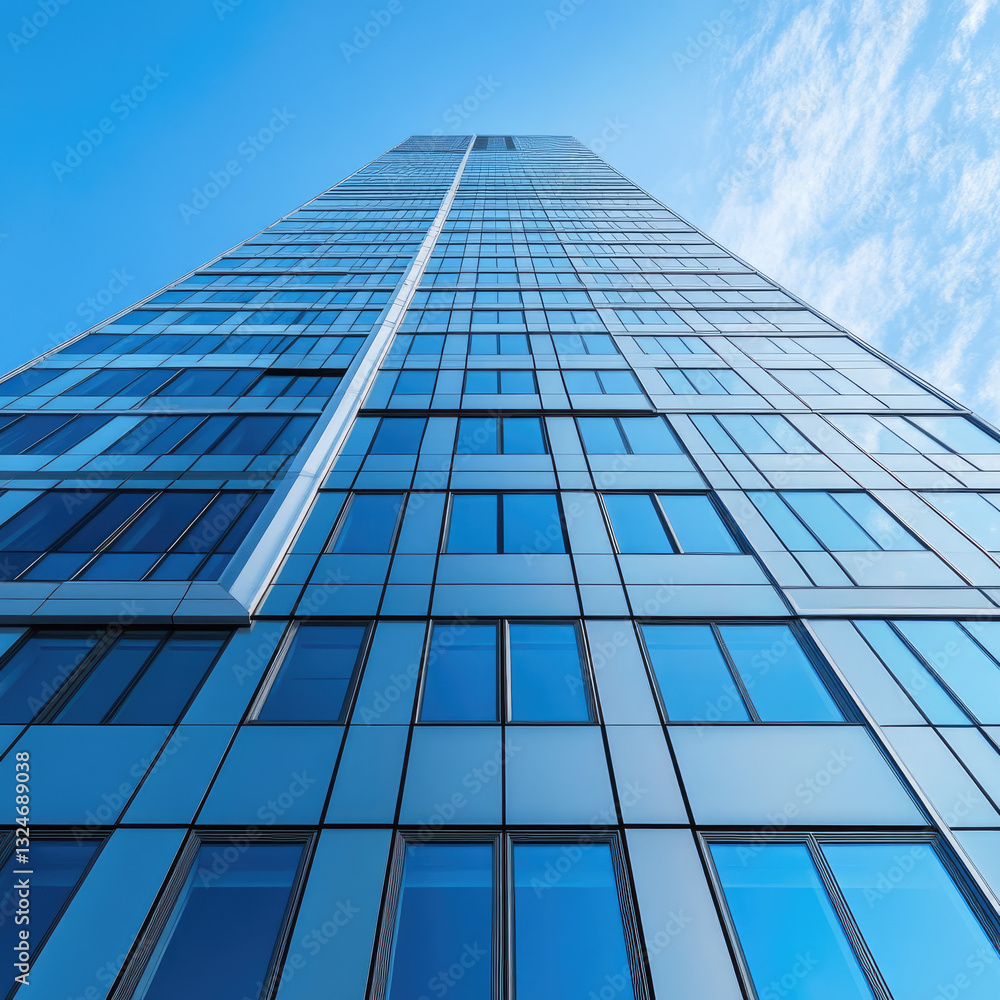 Tall modern skyscraper, glass facade, blue sky, upward view Tall modern skyscraper, glass facade, blue sky, upward view