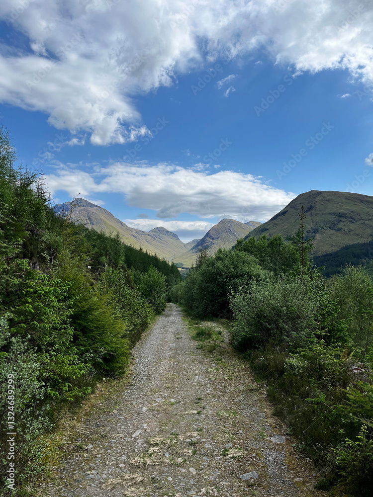Fototapeta premium A scenic walking path in Glencoe, Scotland, surrounded by lush greenery and towering mountains on a bright spring day.