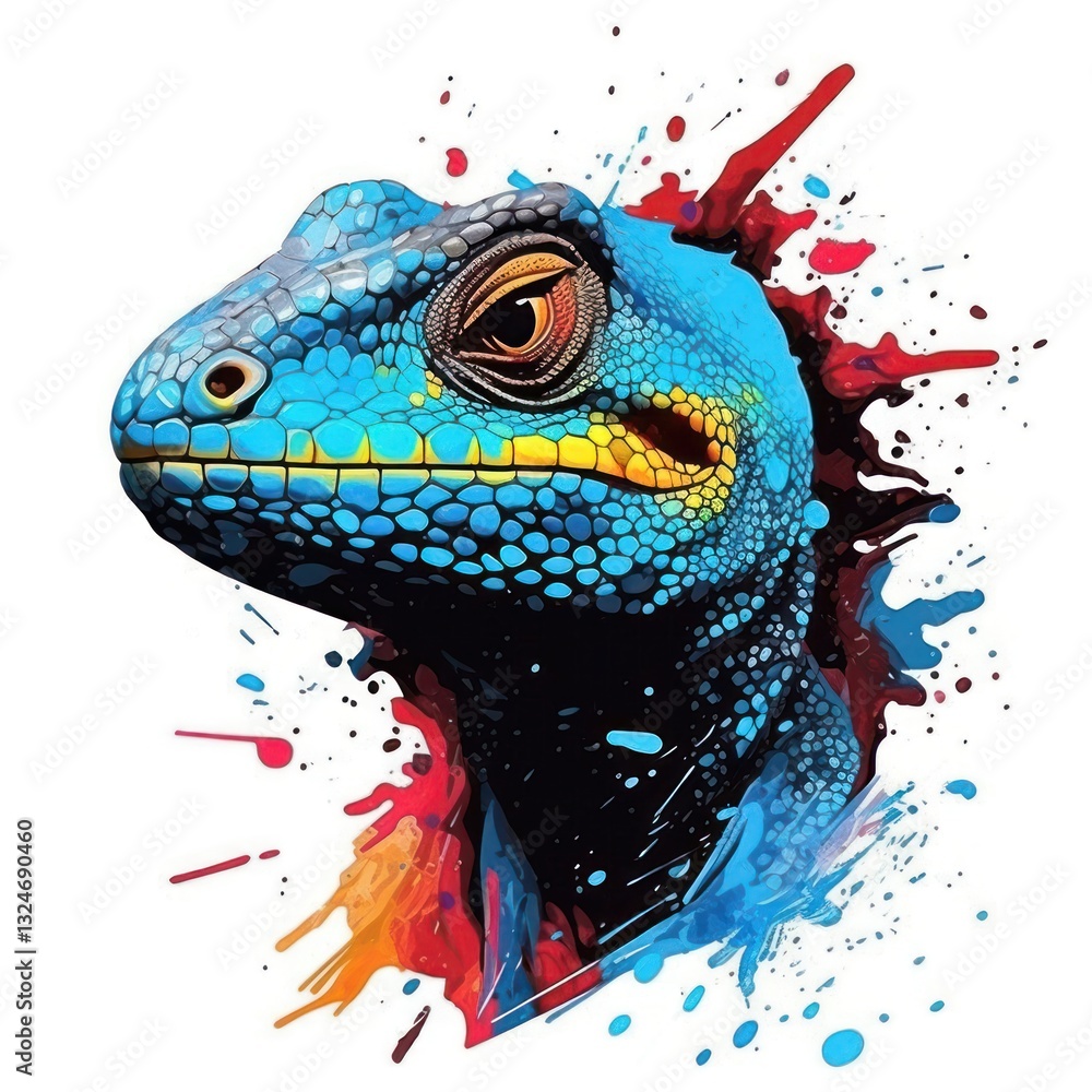 A Vibrant Lizard Head with a Kaleidoscope of Colors and Dynamic Splashes A Vibrant Lizard Head with a Kaleidoscope of Colors and Dynamic Splashes