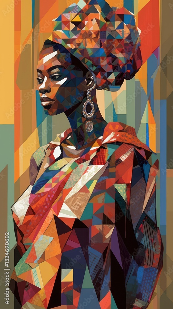 Fototapeta premium A Vibrant Portrait of a Woman in a Colorful Geometric Patterned Dress