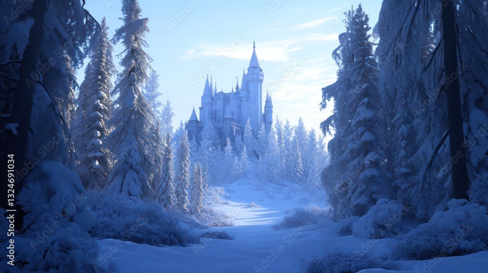 A snow covered castle is surrounded by a winter forest landscape