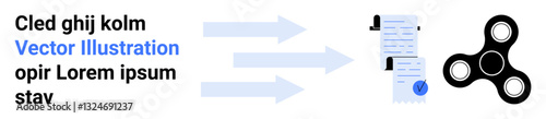 Three arrows point towards documents with checkmarks and a black fidget spinner. Ideal for business, process flow, data management, productivity, task completion, progress tracking, workflow