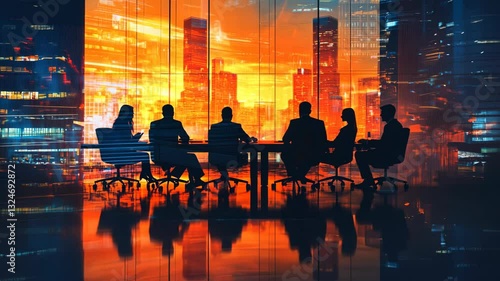 Silhouetted team meeting in futuristic cityscape with vibrant orange skyline