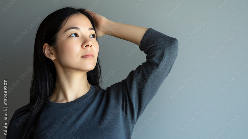 Thoughtful Asian woman posing against gray wall in soft natural light Thoughtful Asian woman posing against gray wall in soft natural light