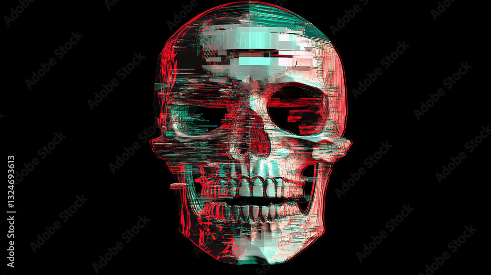 Vector distorted glitch concept. Tv distortion 3D effect stereoscopic, anaglyph Human skull. Technological virtual green and red channels. Digital networking concept with anaglyph effect. low poly Vector distorted glitch concept. Tv distortion 3D effect stereoscopic, anaglyph Human skull. Technological virtual green and red channels. Digital networking concept with anaglyph effect. low poly