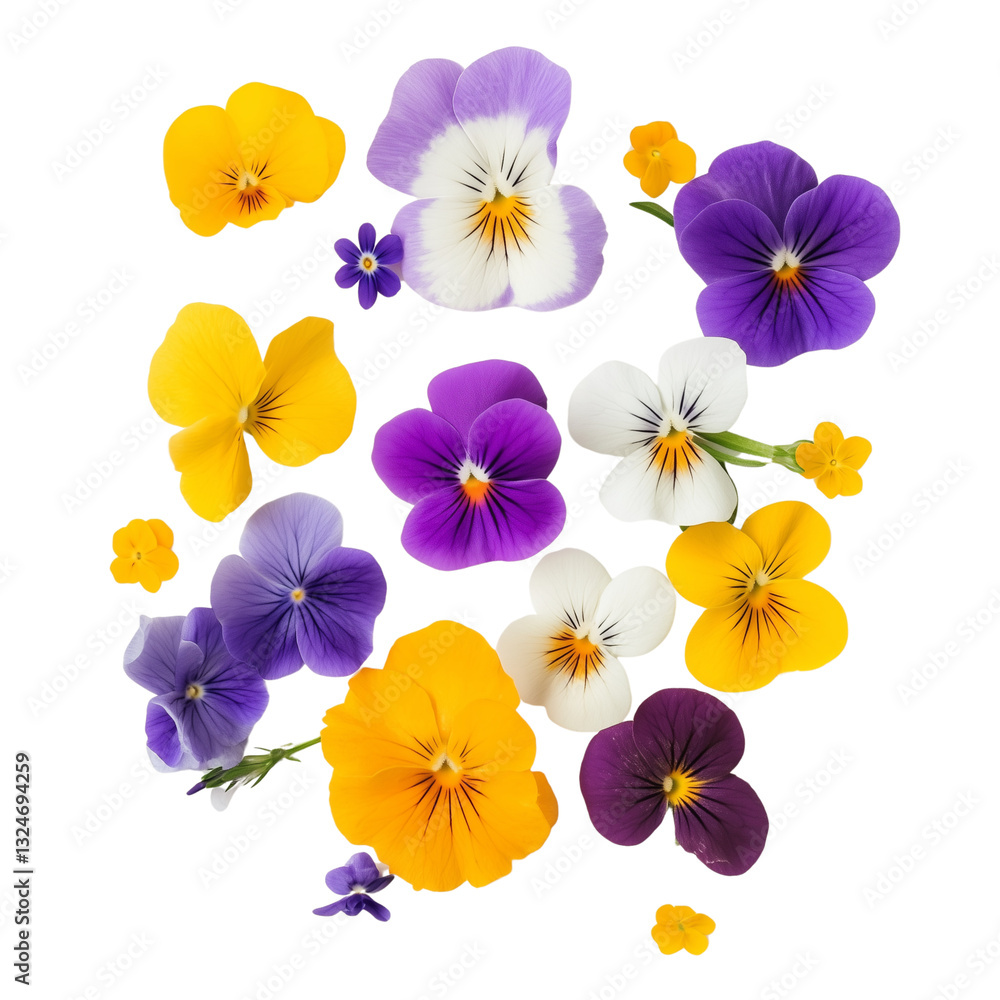 Fototapeta premium Edible pansy flowers in assorted colors isolated on a white background