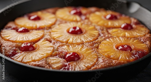 Homemade Pineapple Upside Down Cake with Cherries in Cast Iron