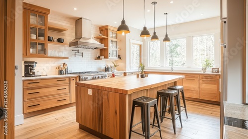 A modern kitchen interior featuring wood and bright lighting