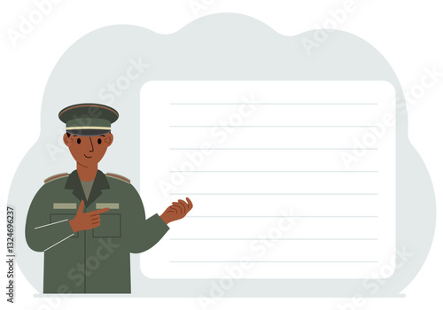 Male soldier in uniform next to a large white banner for your text. Postcard, advertisement, poster. Vector flat illustration