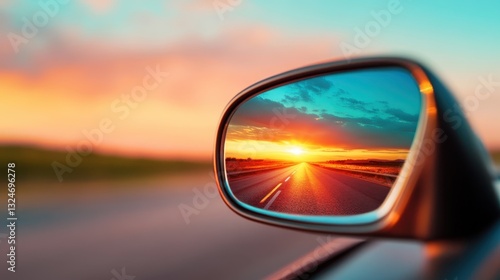 The breathtaking sunset is captured in a rearview mirror, symbolizing the journey ahead while capturing the beauty of fleeting moments and reflections in life.
