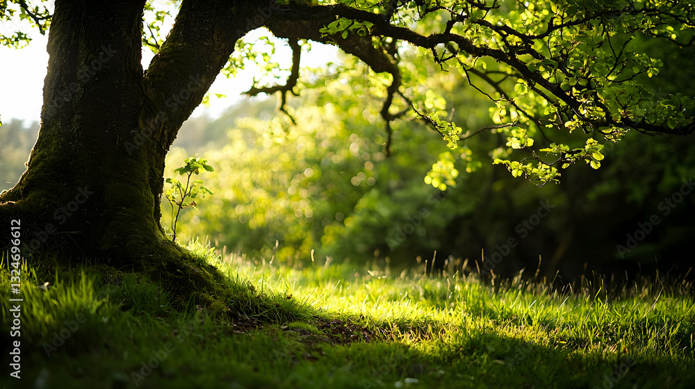 Fototapeta premium Large Tree Illuminated By Sunlight In Green Forest With Lush Grass and Scenic Background
