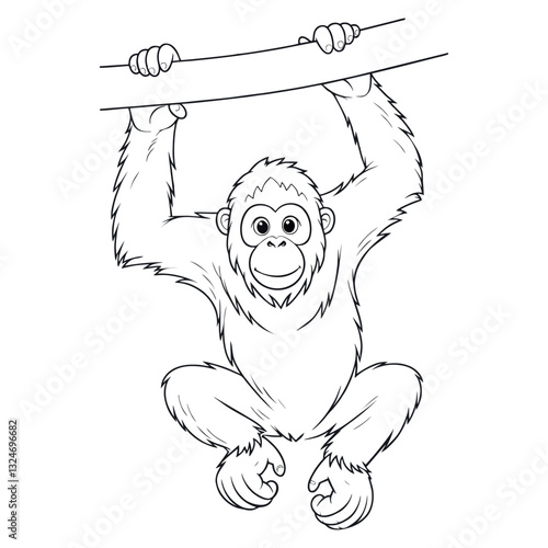 Black-and-white drawing of an orangutan with large, long arms reaching down.eps