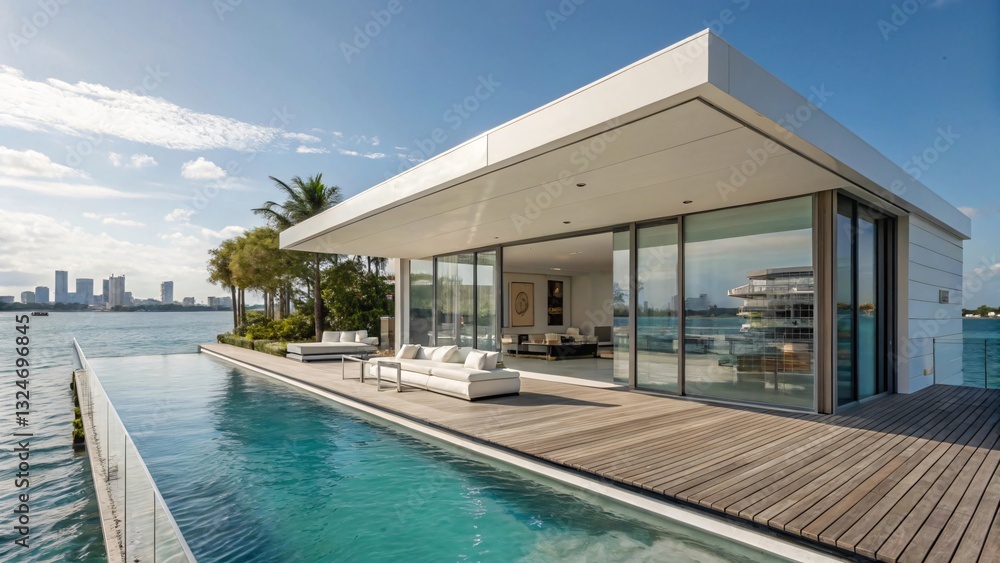 Fototapeta premium Modern Waterfront Villa: Infinity Pool, Cityscape Views, Minimalist Design, Luxurious Living on the Water's Edge with Contemporary Architecture.
