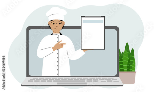 Female cook in a cap. Video, online ordering, menu. Vector flat illustration