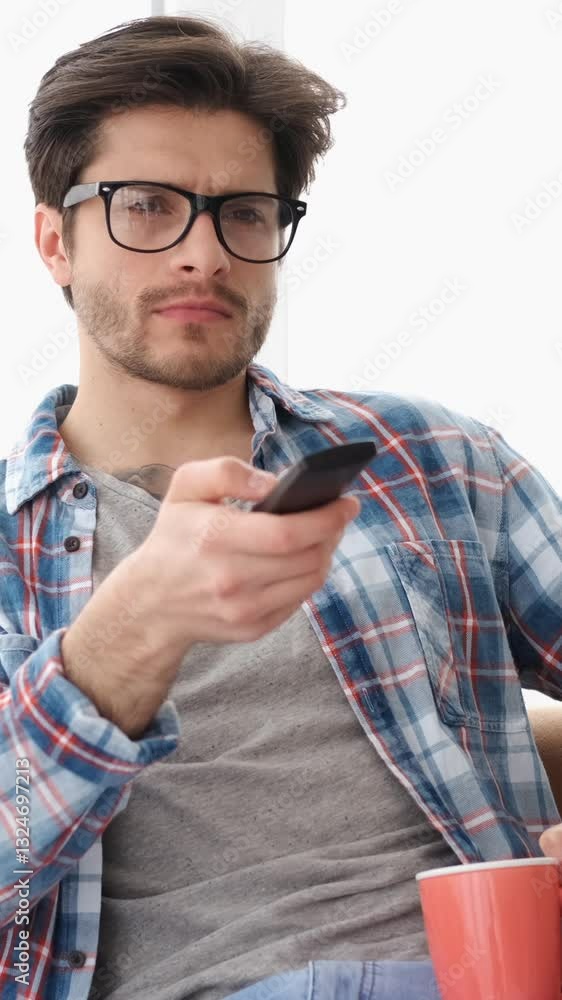 Man enjoys leisure time at home, choosing a tv program using a remote control. He relaxes, scrolling through options to find the perfect show to watch. Vertical video. Man enjoys leisure time at home, choosing a tv program using a remote control. He relaxes, scrolling through options to find the perfect show to watch. Vertical video.