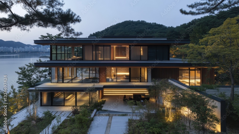 A modern architectural house featuring large windows and exterior lighting A modern architectural house featuring large windows and exterior lighting