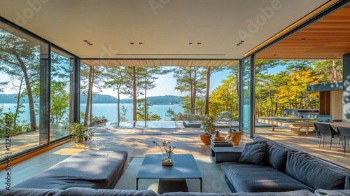 Luxurious modern living room with expansive views of the water and trees