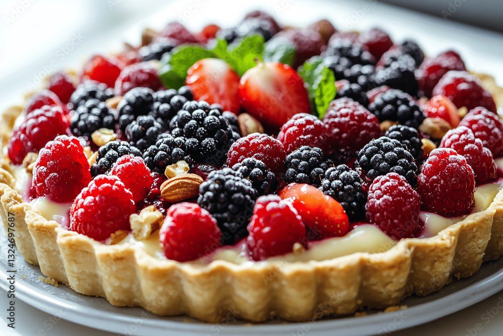 Fresh fruit tart with mixed berries, nuts, and cream on a large plate Fresh fruit tart with mixed berries, nuts, and cream on a large plate