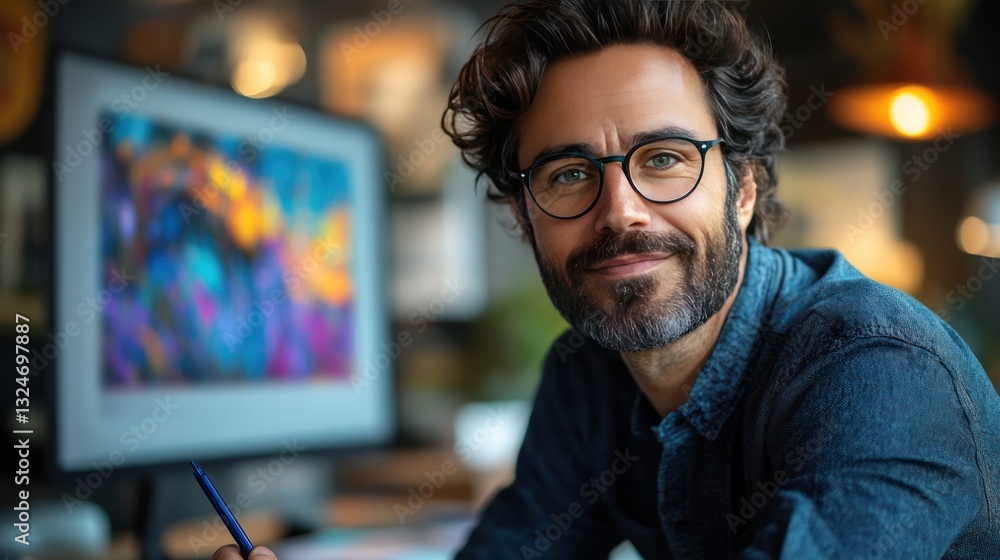 Close-up portrait of a creative graphic designer, holding a stylus pen, digital art on screen background Close-up portrait of a creative graphic designer, holding a stylus pen, digital art on screen background