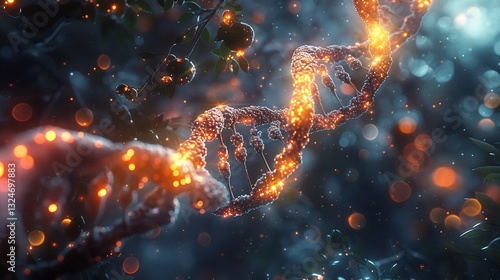 Surreal representation of human DNA with glowing cells symbolizing medical advancements in cancer research