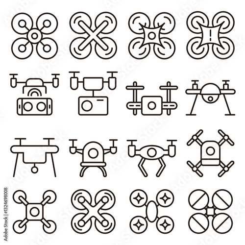 Drone Technology icon set. Includes UAV, quadcopter, drone camera, aerial photography, drone footage, and More. Outline icons vector collection