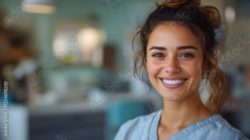 Close-up portrait of a dental hygienist in uniform, holding a toothbrush, dental office background