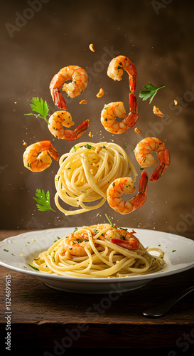 A plate of spaghetti with shrimp, garnished with parsley and spices, is artistically presented with shrimp and pasta floating above the plate, creating a dynamic and appetizing visual.
