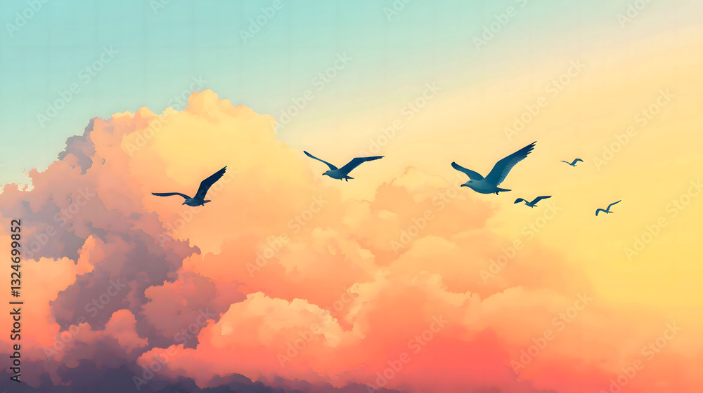 Obraz premium Birds in Flight: A Serene Sunset Sky