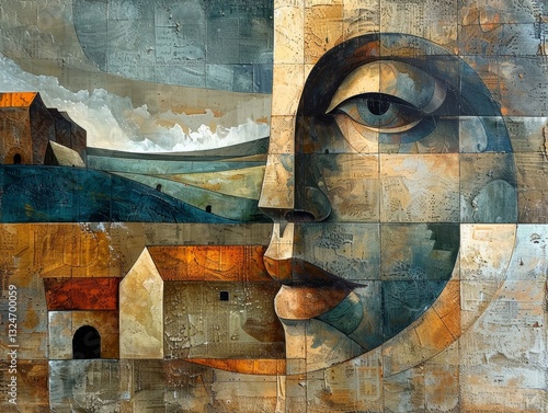 Abstract Representation of a Rich Fool with Barns and Crops in Muted Earth Tones