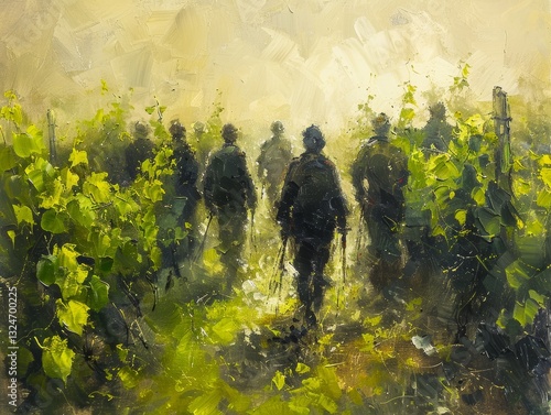 Abstract Representation of Laborers in a Vineyard with Workers and Geometric Forms in a Colorful Palette