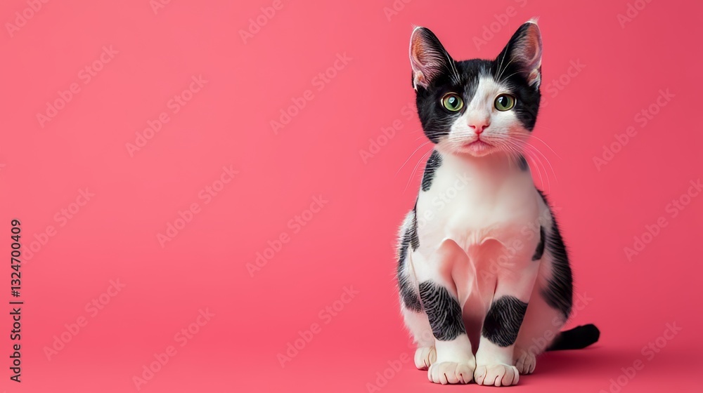 Fototapeta premium Portrait of a Slender Black and White Cat with Green Eyes, Isolated on a Pink Background.