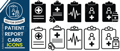 Patient report card icon, vector, medical card icon outline vector. Silhouette of Medical Test Report card,  diagnosis check list, Medical record icon. Vector illustration of clipboard.