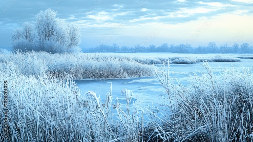 Frozen landscape with icy lake and frosted vegetation beneath the blue sky