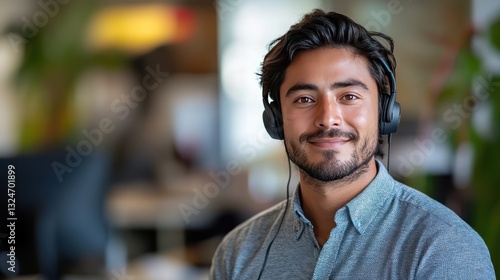 Close-up portrait of a professional IT support technician, wearing a headset, office environment background