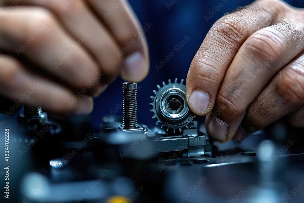 Close-up of a mechanic's fingers adjusting tiny screws on a delicate industrial part Close-up of a mechanic's fingers adjusting tiny screws on a delicate industrial part