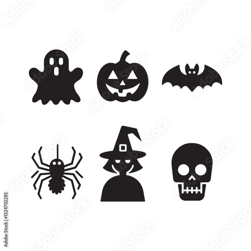 Halloween Icons and Symbols Set Featuring Pumpkins Ghosts Bats and Spooky Elements