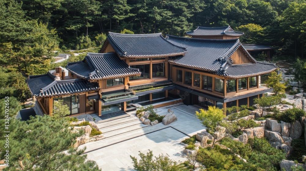 An elevated traditional style wooden home is nestled amongst trees An elevated traditional style wooden home is nestled amongst trees