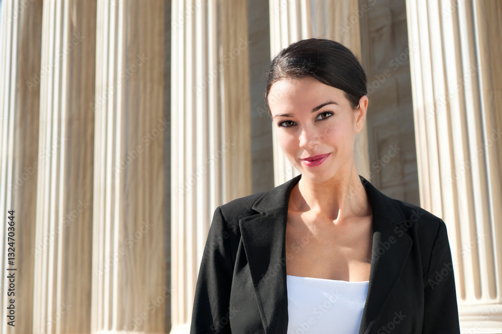 Pretty young lawyer law school student clerk standing in front of courthouse columns Pretty young lawyer law school student clerk standing in front of courthouse columns