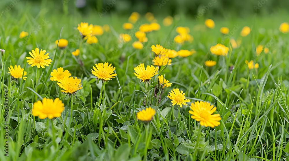 Close Up Of Yellow Dandelions Blooming Amidst Green Grass In A Sunny Field Displaying Natural Beauty Close Up Of Yellow Dandelions Blooming Amidst Green Grass In A Sunny Field Displaying Natural Beauty