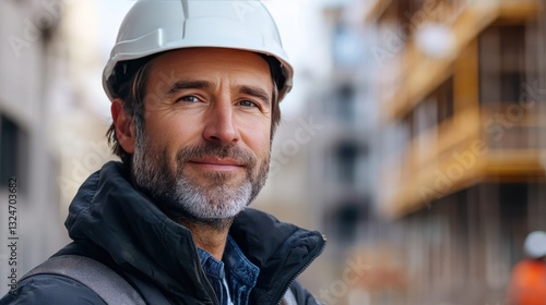 Close-up portrait of a structural engineer, in a hard hat, holding a structural model, construction site background