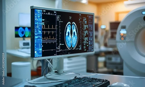 Modern mri machine scanning patient's brain in hospital room