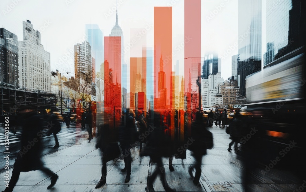 Obraz premium Urban Crowd Walking Amidst Abstract Bar Graph Overlay