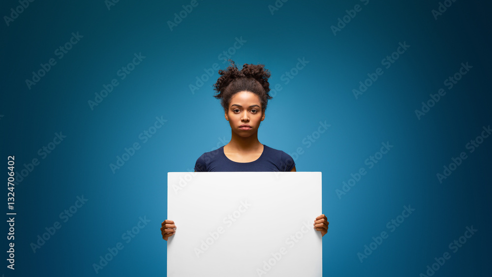 Black people social movement. African american woman protesting with blank poster, empty space Black people social movement. African american woman protesting with blank poster, empty space