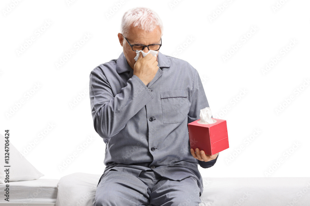 Man in pajamas blowing his nose with paper tissues Man in pajamas blowing his nose with paper tissues