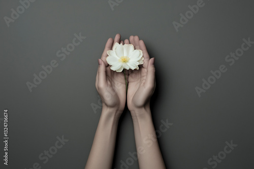 Close-up detail of two clasped hands holding a pure white flower, on a uniform grey background, concept of respect and tolerance